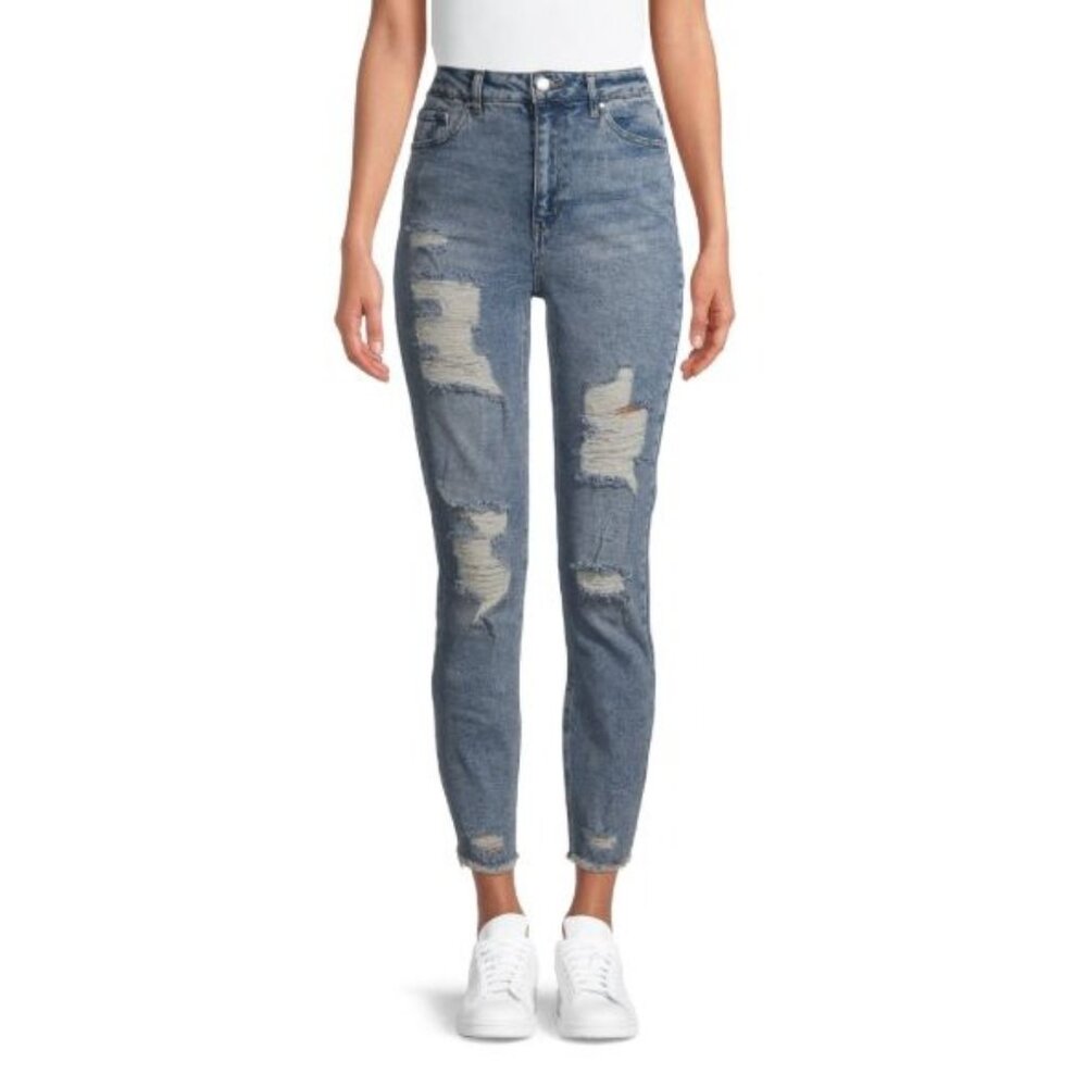 NWT Time and Tru Juniors'‎ Destructed Mom Jeans – Acid Wash Ripped Denim, Size 5